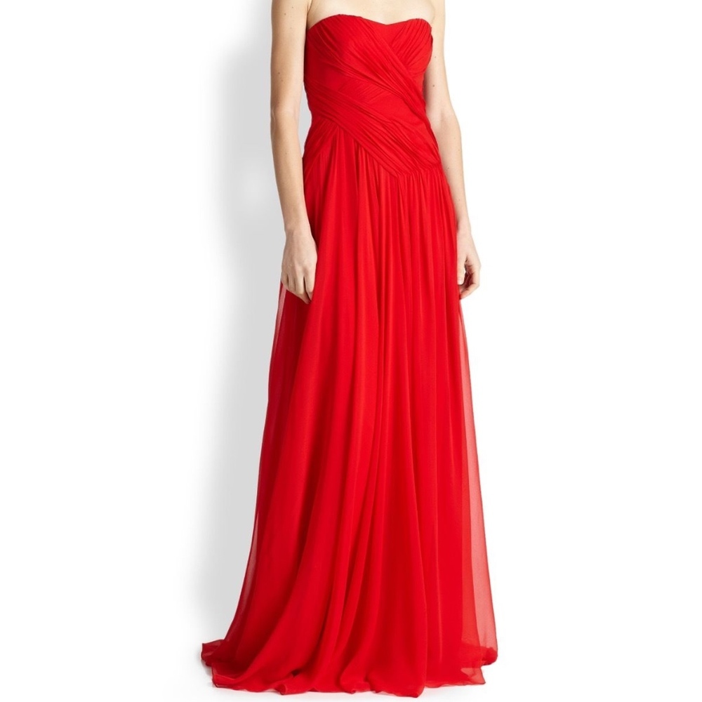 Badgley Mischka Strapless Cross Drape Red Gown